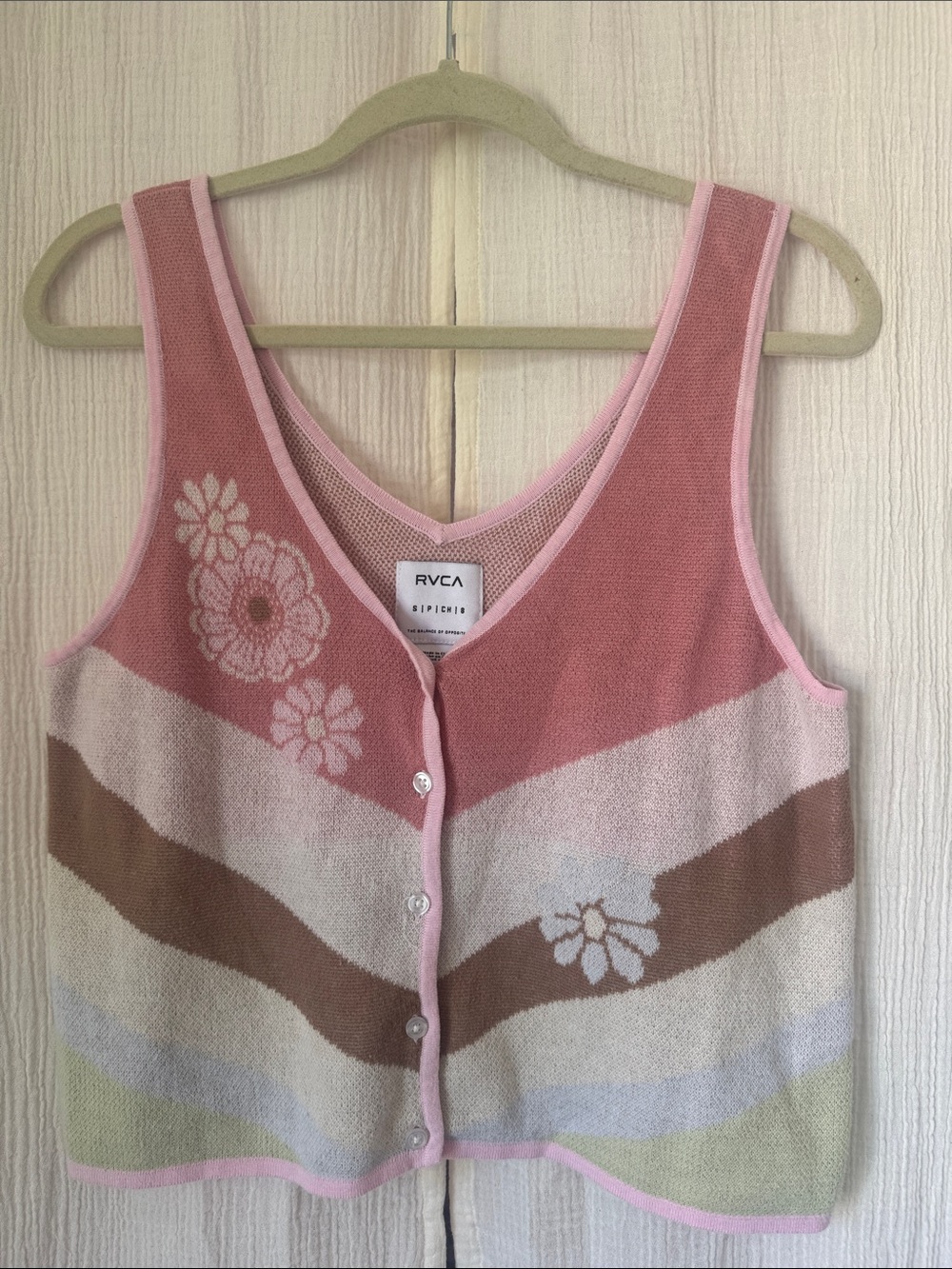 RVCA Pink Striped Floral Knit Vest